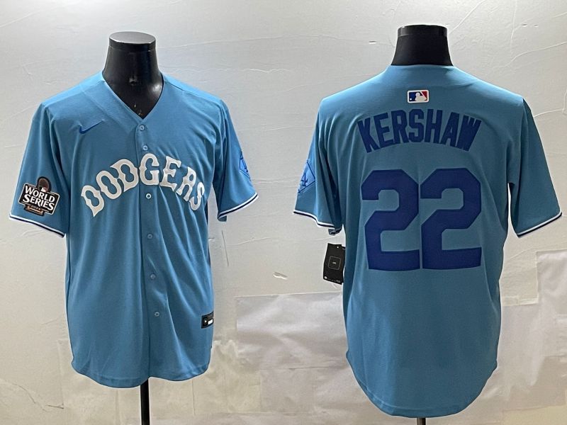 Men Los Angeles Dodgers 22 Kershaw Light Blue Joint Name 2025 Nike MLB Jersey style 15
